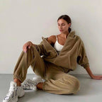 Casual Women Fleece Hoodie Two Piece Sets Hooded Zipper Outerwear And Harem Pant Suit Fall Winter Fashion Streetwear Tracksuit