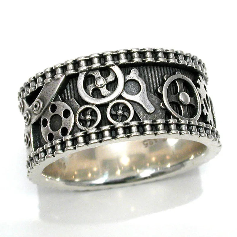 F641 Men's Stainless Steel Ring Antique Silver Plated Screw Pattern Fashion Ring Gift Jewelry