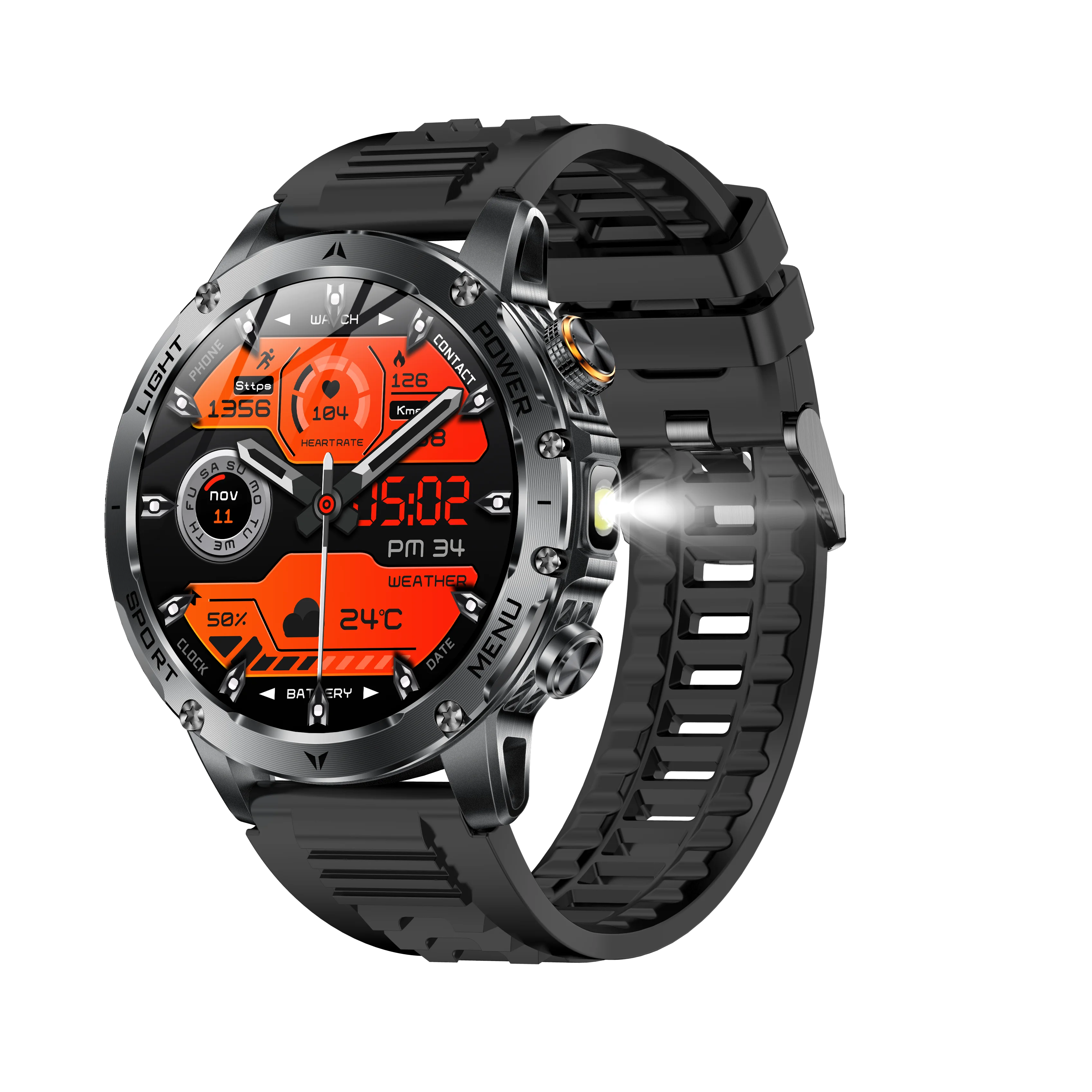 AK87 Outdoor Smart Watch Big Screen 1.7" HD Large Screen 100+ Sports BT Call Flashlight Compass Fitcloudpro IP68 SOS Smartwatch