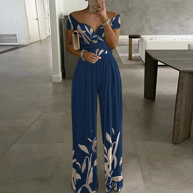 Cross Waisted Drop Shoulder Printed Wide Leg Women's Jumpsuit Sehe Fashion