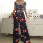 Cross Waisted Drop Shoulder Printed Wide Leg Women's Jumpsuit Sehe Fashion
