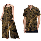 Latest Design Polynesian Men Casual Short Sleeve Shirt and Women Sling Rompers 2 Piece Sets Wholesale Samoan Sets of Couples