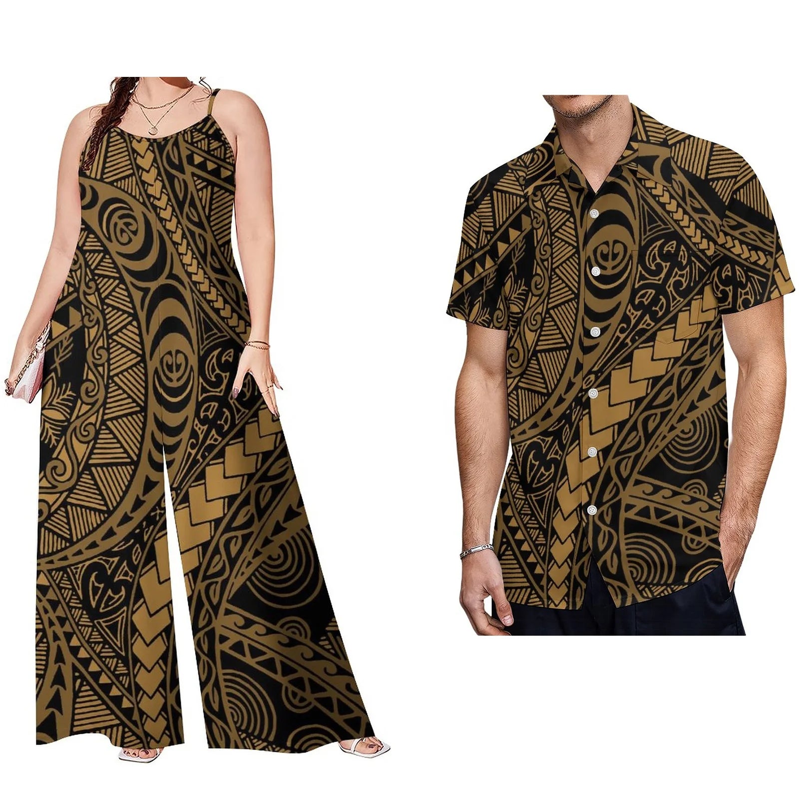 Latest Design Polynesian Men Casual Short Sleeve Shirt and Women Sling Rompers 2 Piece Sets Wholesale Samoan Sets of Couples