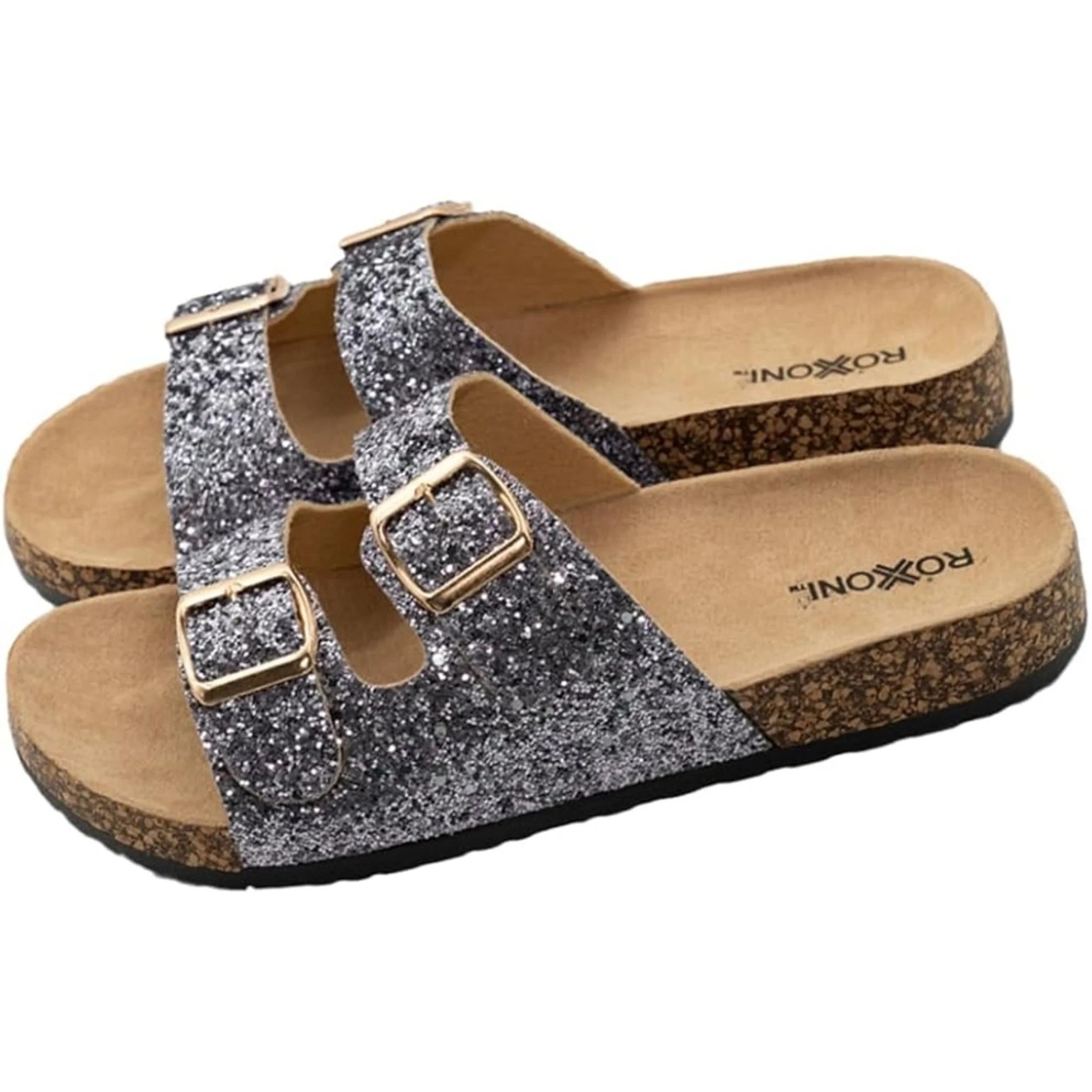 TD Women's Glitter Comfort Casual Summer Sandals Double Buckle Adjustable Straps Flat Slides Footbed Suede