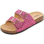TD Women's Glitter Comfort Casual Summer Sandals Double Buckle Adjustable Straps Flat Slides Footbed Suede