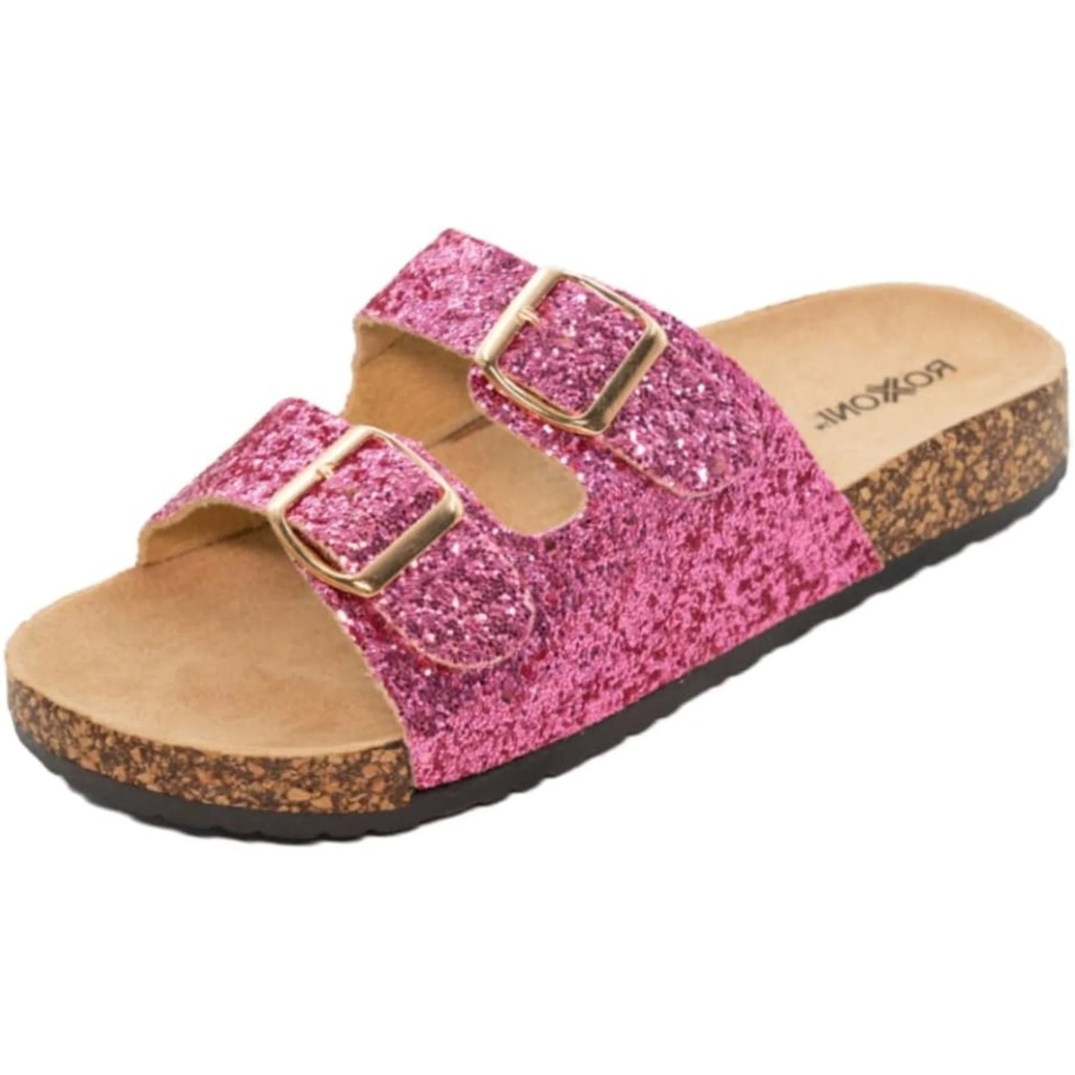 TD Women's Glitter Comfort Casual Summer Sandals Double Buckle Adjustable Straps Flat Slides Footbed Suede