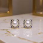 Mikimoto Two-tone 18K Gold Seawater Pearl Stud Earrings Brilliant Cut Blue Sapphire Claw Setting Geometric Classic Wedding