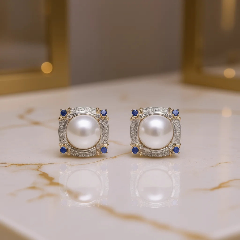 Mikimoto Two-tone 18K Gold Seawater Pearl Stud Earrings Brilliant Cut Blue Sapphire Claw Setting Geometric Classic Wedding