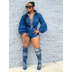 Liu Ming New Women Casual Lantern Sleeve Bodysuit Denim Jean Short Jumpsuit