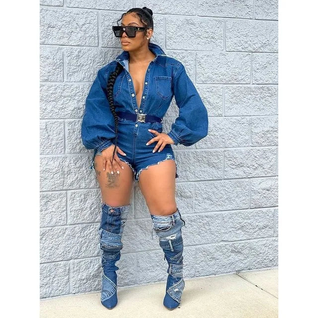 Liu Ming New Women Casual Lantern Sleeve Bodysuit Denim Jean Short Jumpsuit