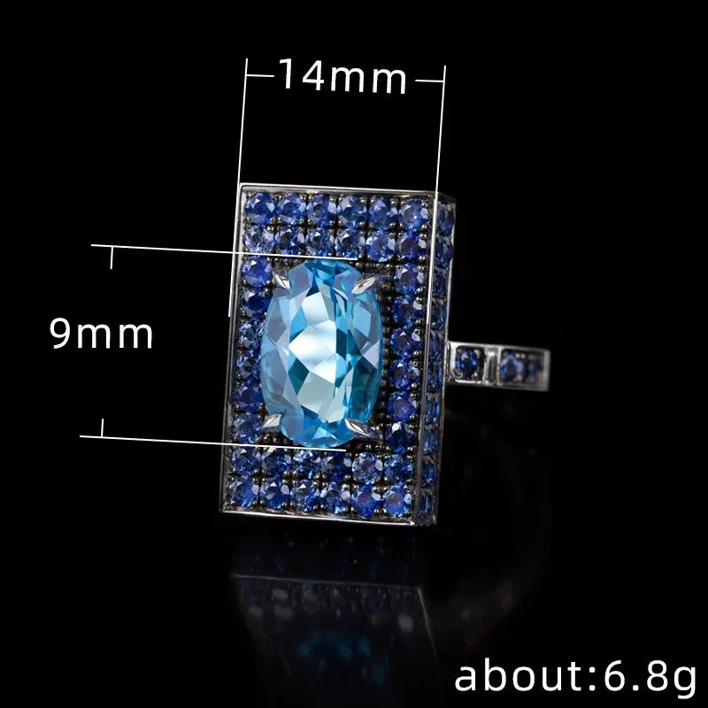 H189 Geometric Cocktail Ring Women's Natural Aquamarine Oval Pave Setting Party Fashion Rings