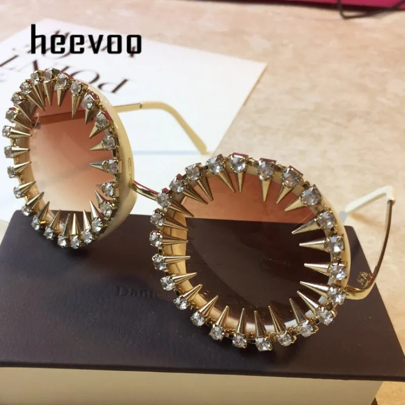 Retro Round Punk Style Sunglasses Women 2021 Metal Diamond Sun Glasses Gold Bullet Crystal Exaggeration Eyewear Glasses UV400