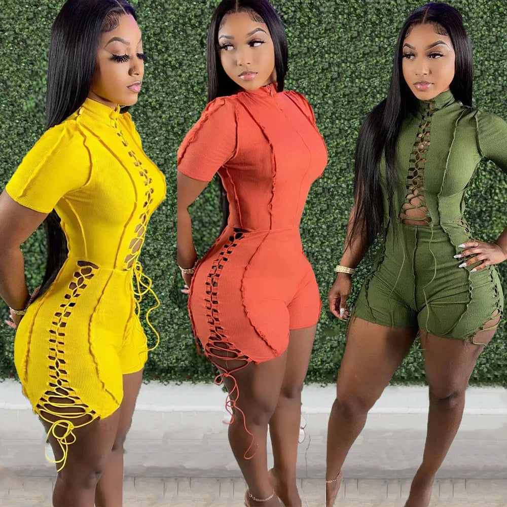 ANSKZTN Women Fashion Bodycon Solid O Neck Hollow Out Bandage Short Sleeve Rompers Jumpsuit