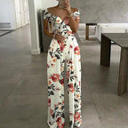 Cross Waisted Drop Shoulder Printed Wide Leg Women's Jumpsuit Sehe Fashion
