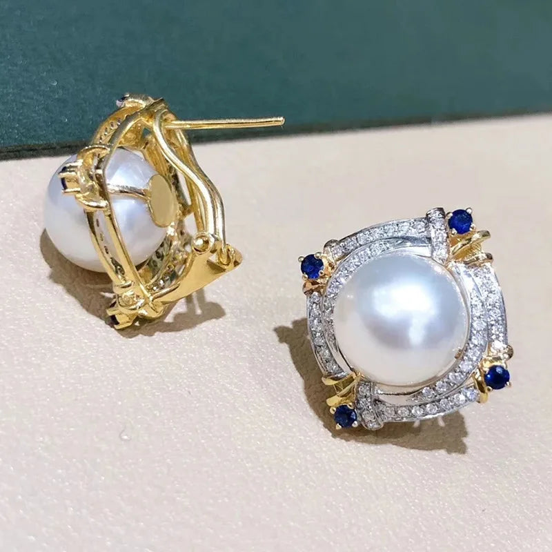 Mikimoto Two-tone 18K Gold Seawater Pearl Stud Earrings Brilliant Cut Blue Sapphire Claw Setting Geometric Classic Wedding