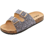TD Women's Glitter Comfort Casual Summer Sandals Double Buckle Adjustable Straps Flat Slides Footbed Suede