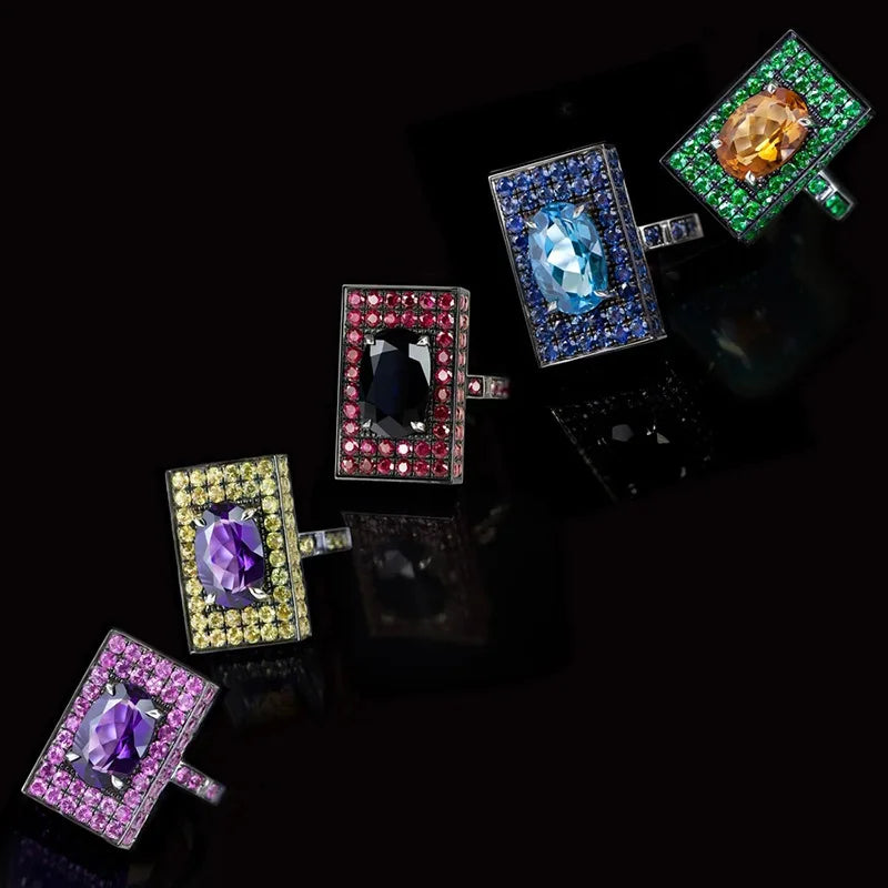 H189 Geometric Cocktail Ring Women's Natural Aquamarine Oval Pave Setting Party Fashion Rings