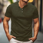 Men's casual Henry-style T-shirt - A fitted short-sleeved round-neck shirt with texture, suitable for daily street wear