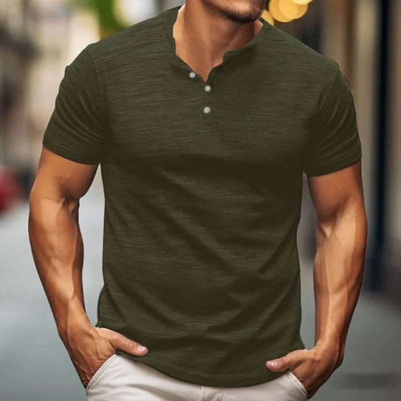 Men's casual Henry-style T-shirt - A fitted short-sleeved round-neck shirt with texture, suitable for daily street wear