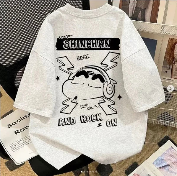 2026 Summer Comic Form Crayon Shin-chan Image 100% Cotton Printed Oversize Casual T-shirt Adult Children Parent-child Top y2k.