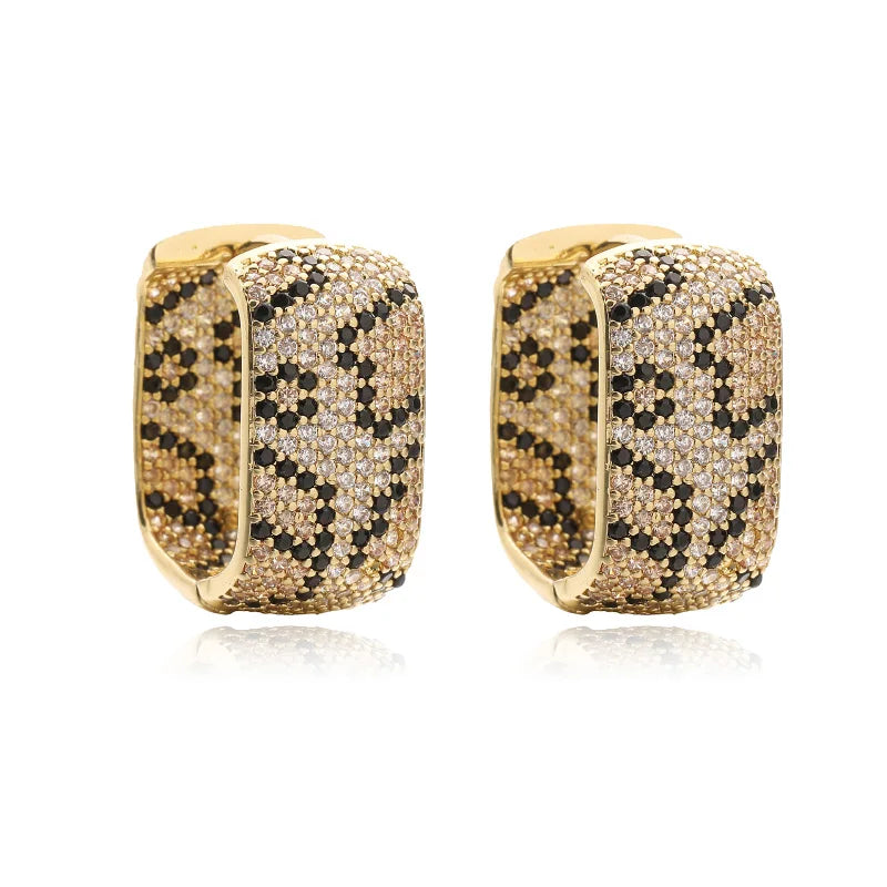 18K Gold Plated Brass Leopard Design Square U-shaped Earrings with AAA Cubic Zirconia Earrings Exaggerated Jewellery 1 Pair