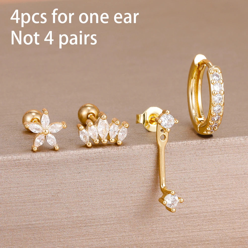 4pcs Korean Stainless Steel Zircon Water Drop Piercing Earrings Set for Women Simple Huggie Square Earring Fashion Jewelry