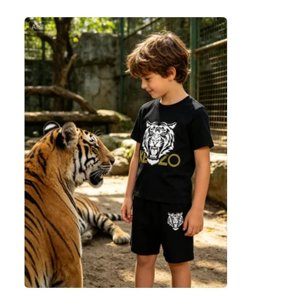 Kids T-shirt Boys Girls Toddlers 3-12Y Fashion Cute Tiger Print Brand Clothing Short Sleeve+Shorts 2P Outdoor Leisure Sports Set