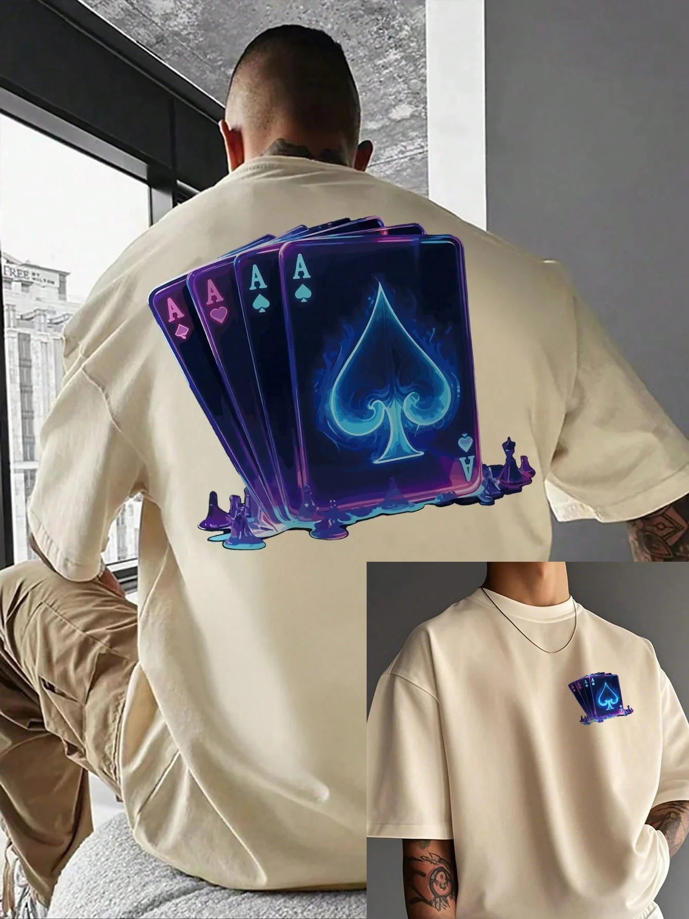 Men's summer 100% pure cotton fashionable casual sports loose Cool Playing Card Print round neck short sleeved T-shirt versatile