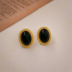 New Retro Gold Color Metal Line Black Oval Shaped Stud Earrings for Women Advanced Design Elegant Young Girls Party Jewelry