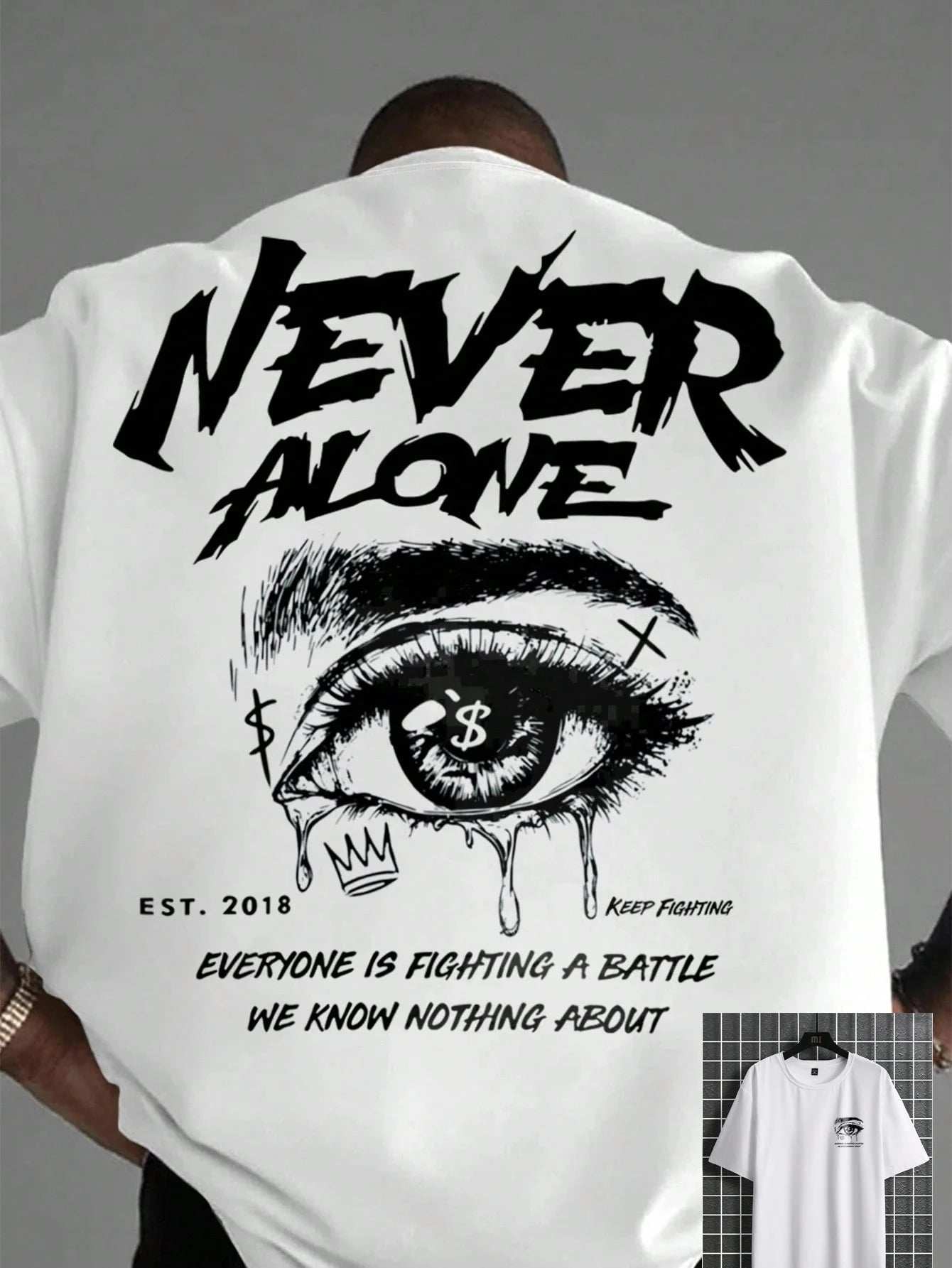Men's 100% pure cotton fashionable casual loose with Eye Shaped Slogan Print round neck short sleeved T-shirt versatile top