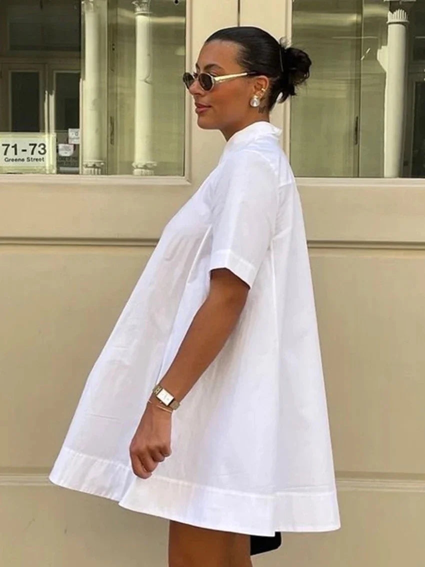 Summer Loose White Cotton Women's Dress  Casual Lapel Short Sleeve Mini Dresses Elegant Classic Solid Female Dress