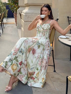 Floral Printed Chiffon V-neck Maxi Dress Ruffle Trim Puff Short Sleeve Waist Belted Slit Robe 2026 Lady Elegant Party Vestidos