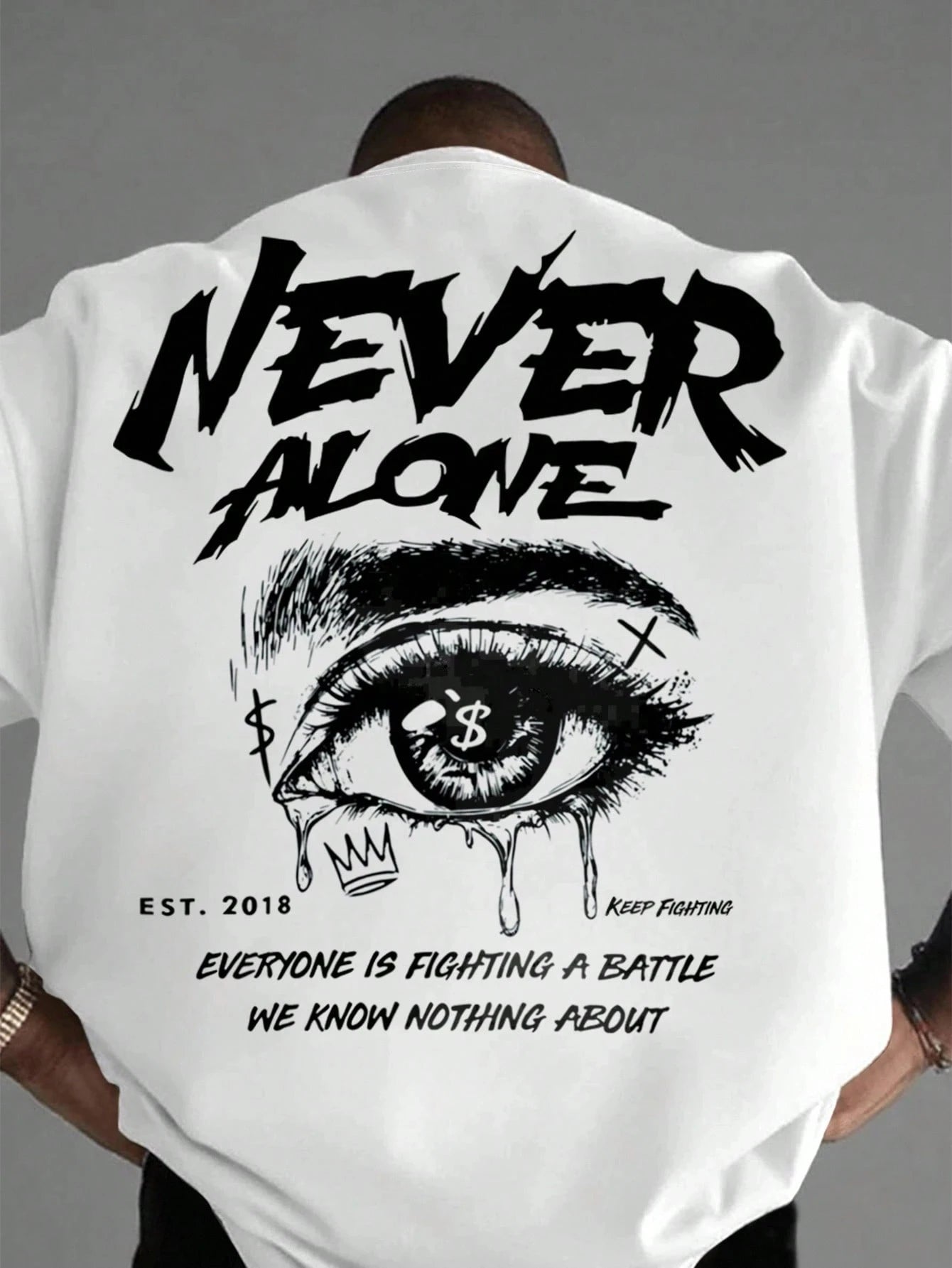Men's 100% pure cotton fashionable casual loose with Eye Shaped Slogan Print round neck short sleeved T-shirt versatile top