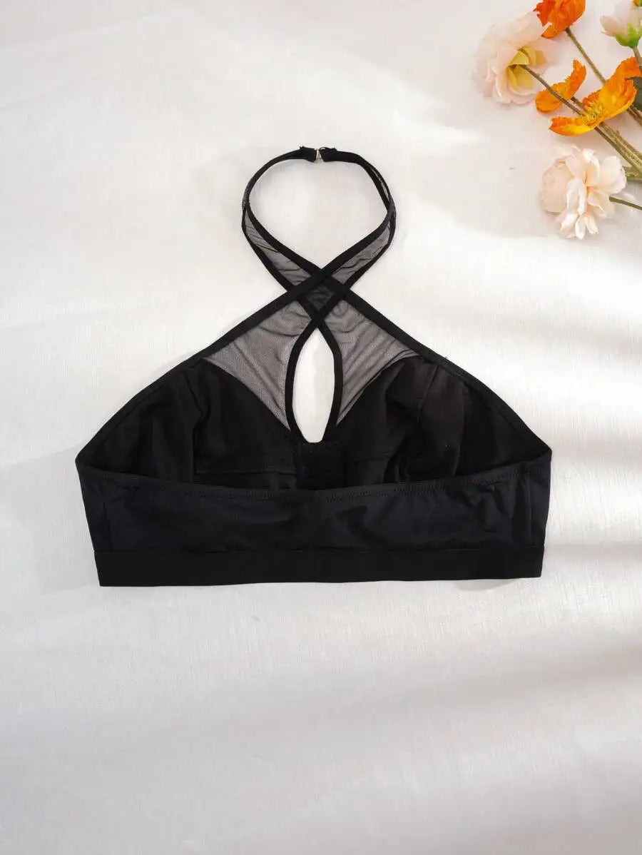 Plus Size Wireless Halter Bra With Mesh Panel And Front Closure