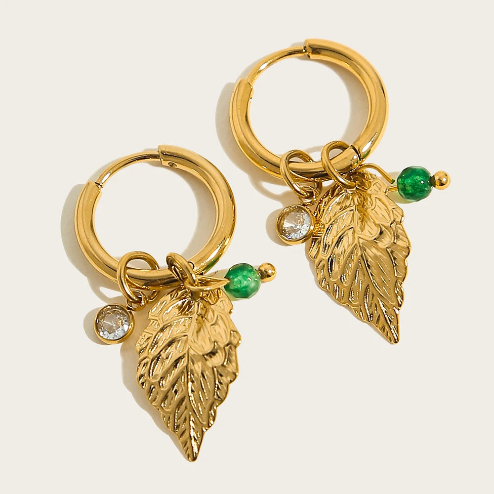 YACHAN 18K Gold Plated Stainless Steel Hoop Earrings for Women Vintage Green Natural Stone Charms Trendy Waterproof Jewelry
