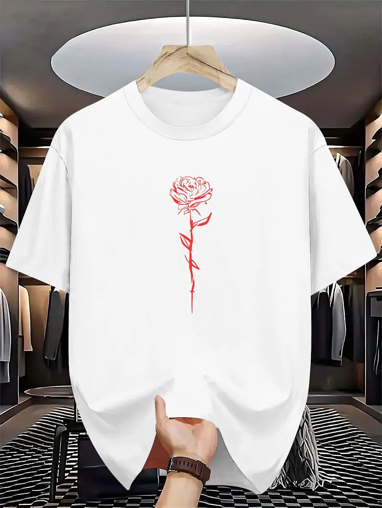 Men's summer 100% pure cotton fashionable casual loose rose pattern printed round neck short sleeved T-shirt top