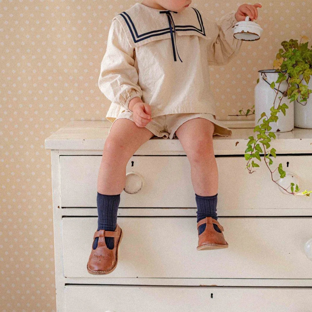 2026 Summer New Children Long Sleeve Clothes Set Boys Girls Bow Sailor Collar Shirts + Shorts 2pcs Suit Kids Cotton Outfits