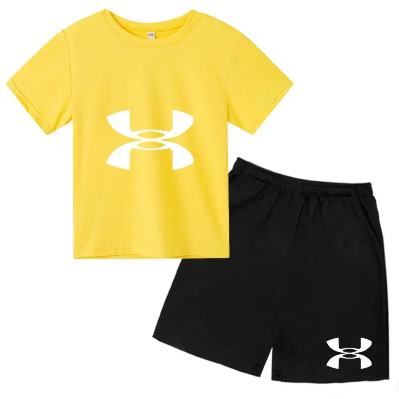 enfants en 2 piècesT-shirt et short de sport à manches courtes pour enfants avec logo imprimé - Ensemble de vêtements de sport