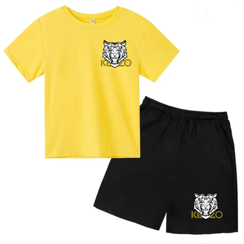 Kids T-shirt Boys Girls Toddlers 3-12Y Fashion Cute Tiger Print Brand Clothing Short Sleeve+Shorts 2P Outdoor Leisure Sports Set