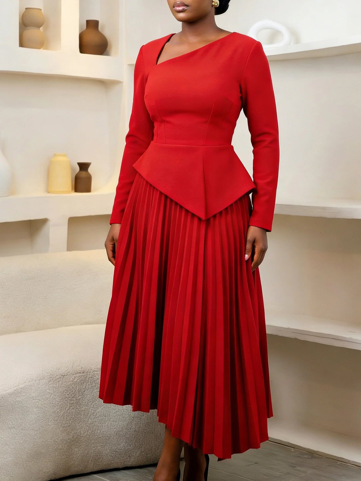 Women's Elegant Slant-Neck High-Waist Mid-Length Fashion Dress Spring 2026 New Style