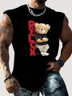 Men's summer casual sports loose RELDX bear print comfortable and breathable round neck sleeveless vest