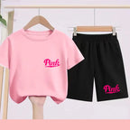 Children's summer multi-color sports short-sleeved T-shirt shorts 2-piece cartoon exquisite print children's first gift