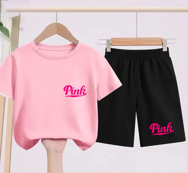 Children's summer multi-color sports short-sleeved T-shirt shorts 2-piece cartoon exquisite print children's first gift