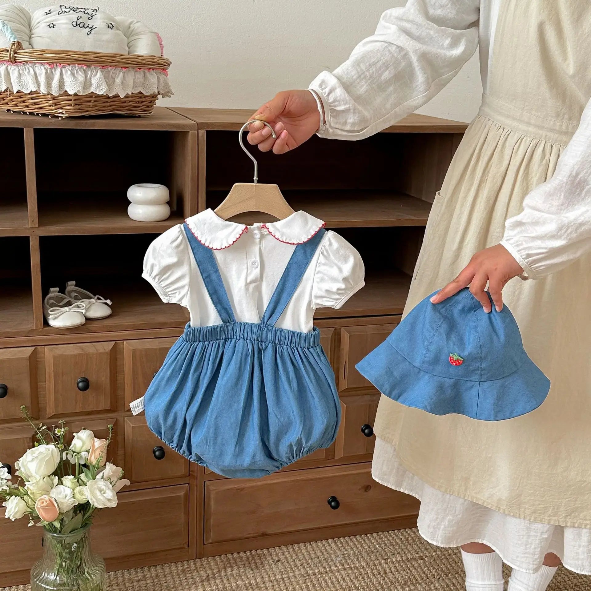 2026 Summer New Baby Girl Overalls + Cute Strawberry Lapel Shirts + Hat 3pcs Suit Fashion Infant Clothes Set Toddler Outfits