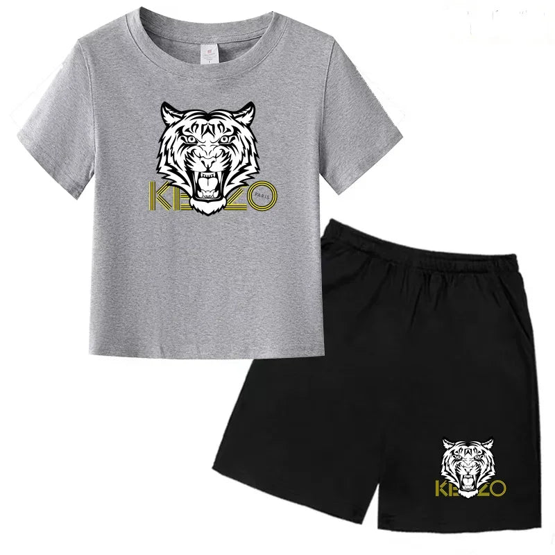 Kids T-shirt Boys Girls Toddlers 3-12Y Fashion Cute Tiger Print Brand Clothing Short Sleeve+Shorts 2P Outdoor Leisure Sports Set