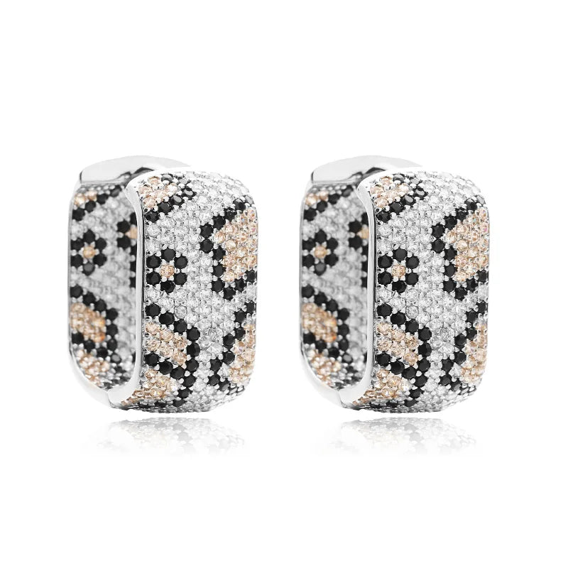 18K Gold Plated Brass Leopard Design Square U-shaped Earrings with AAA Cubic Zirconia Earrings Exaggerated Jewellery 1 Pair