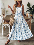 2026Boho Blue Floral Print Tiered Maxi Dress Women Square Neck Sleeveless Long Dress Summer Beachwear Streetwear Vestidos