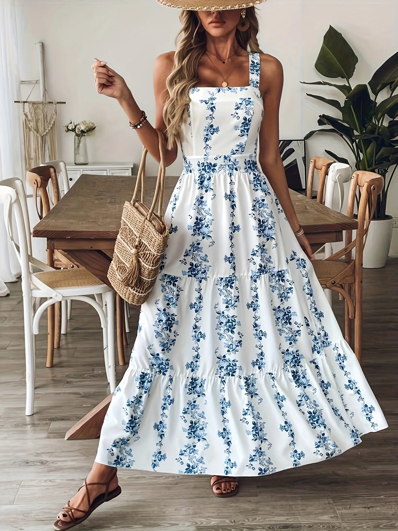 2026Boho Blue Floral Print Tiered Maxi Dress Women Square Neck Sleeveless Long Dress Summer Beachwear Streetwear Vestidos