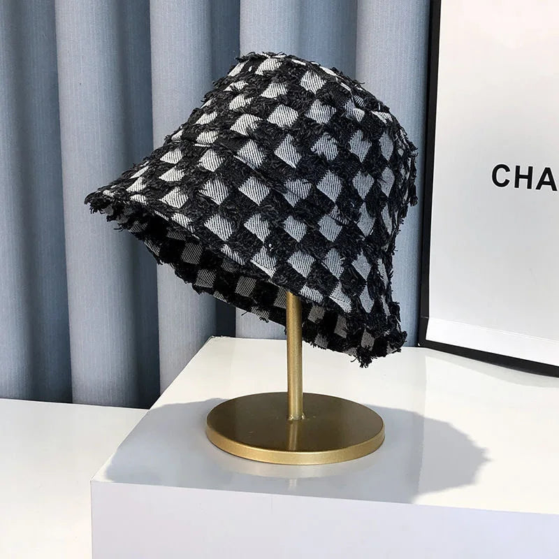 Fashion Summer Checked Board Cotton Jeans Bucket Hat Cap For Women Wide Brim Plaid Fisherman Hat Cap Outdoor Sunshade  Gift