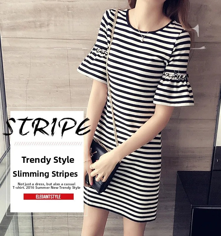 Summer 2026 Loose Long Sleeve T-Shirt Women's Fashionable Striped Dress Korean Style Streetwear Midi Skirt Short Sleeve